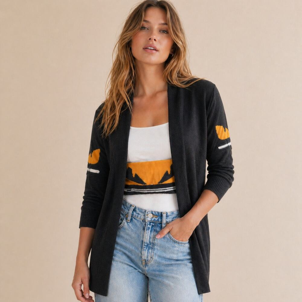 Few Moda Longline Cardigan Womens S/M Black Yellow Monster Eyes Zipper Mouth